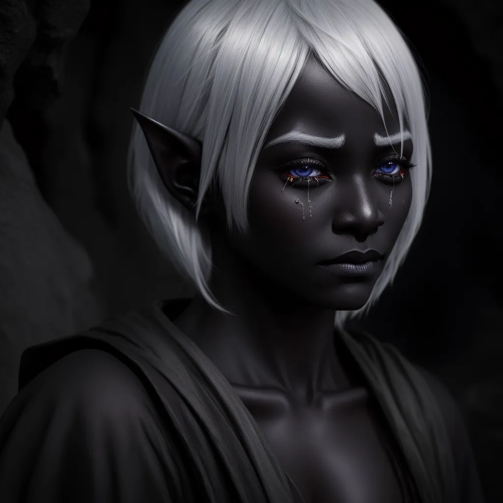 a woman with white hair and blue eyes with a white wig and a black background with a black background, by Daniela Uhlig