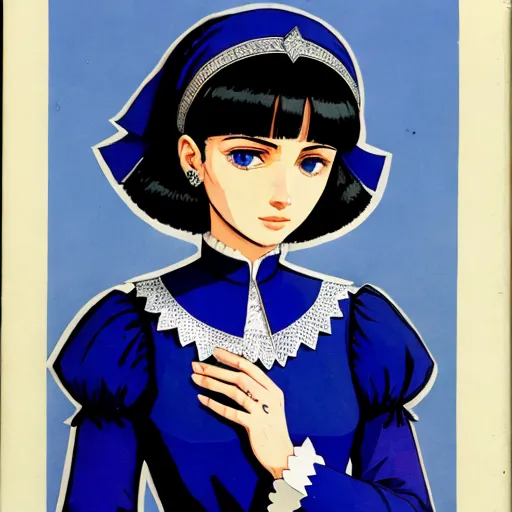 a woman in a blue dress with a white collar and a blue dress with a white collar and a white collar, by Hirohiko Araki