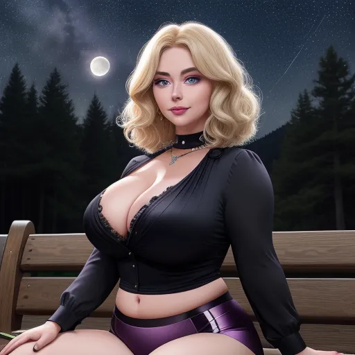 a woman in a black top and purple panties sitting on a bench at night with a full moon in the background, by Sailor Moon