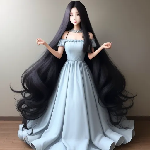 ai text image generator - a woman in a blue dress with long black hair standing on a wooden floor with a long black hair, by Hayao Miyazaki