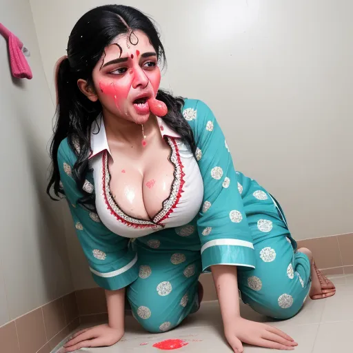a woman with makeup on her face and body is kneeling down in a bathroom with a red substance on her face, by Sailor Moon