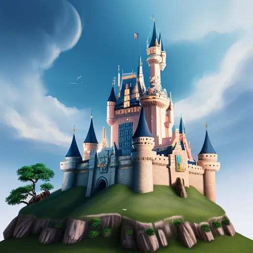 ai-generated images - a castle on a hill with a tree on top of it and a blue sky in the background with clouds, by Pixar Concept Artists