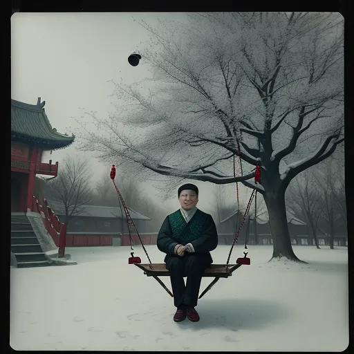 a man sitting on a swing in the snow with a tree in the background and a building in the background, by Liu Ye