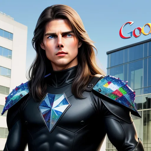 hd images - a man in a black suit with a rainbow collar and a google logo in the background with a building, by Kent Monkman