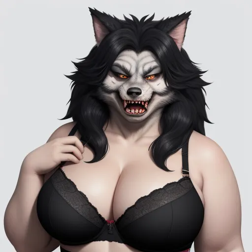 text to picture ai - a woman in a bra with a wolf mask on her head and a black bra with a red bra, by Terada Katsuya