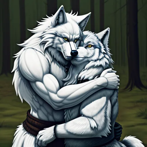 a white wolf hugging a man in a forest with trees in the background and a green background with a black border, by Cyril Rolando