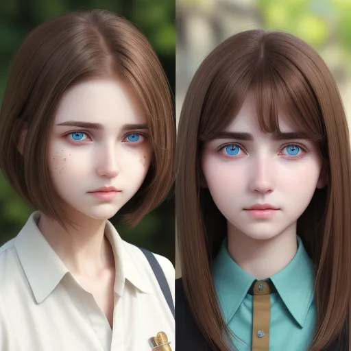 two different images of a woman with blue eyes and brown hair, one with blue eyes and one with brown hair, by Hayao Miyazaki