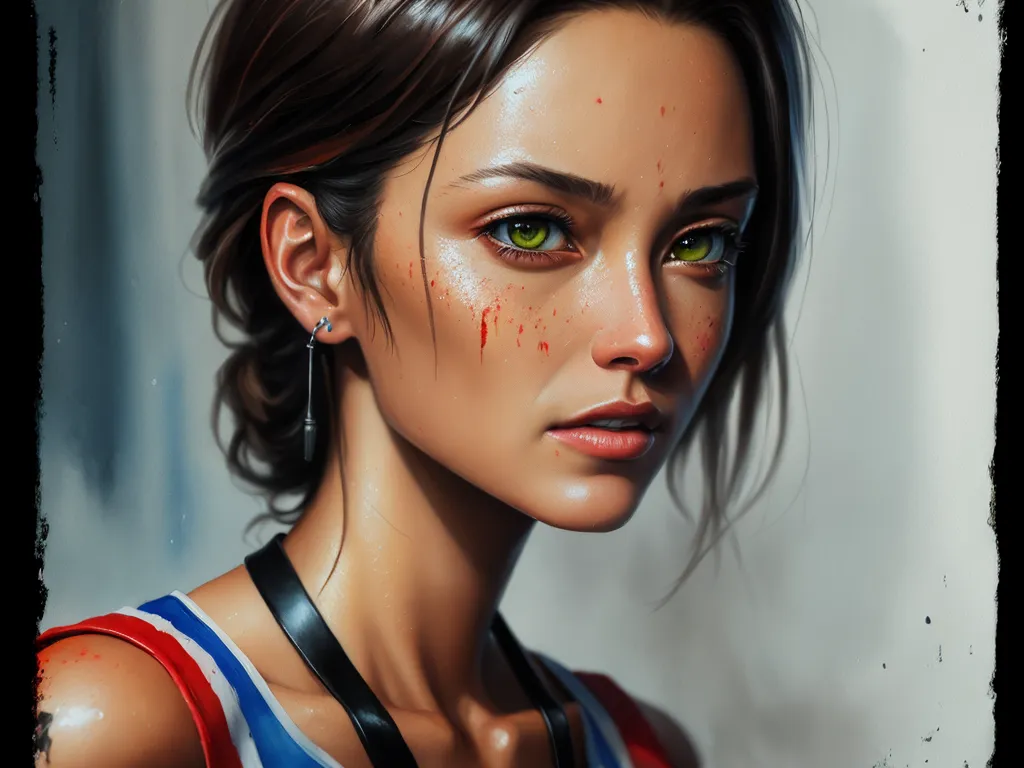 low resolution images - a painting of a woman with green eyes and a red shirt on her shirt is shown in the picture, by Daniela Uhlig