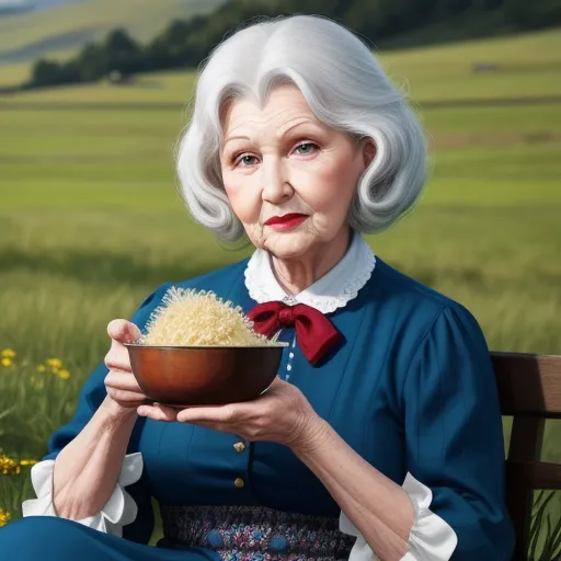 best ai picture generator - a painting of a woman sitting on a bench holding a bowl of rice in her hands and looking at the camera, by Jamie Baldridge