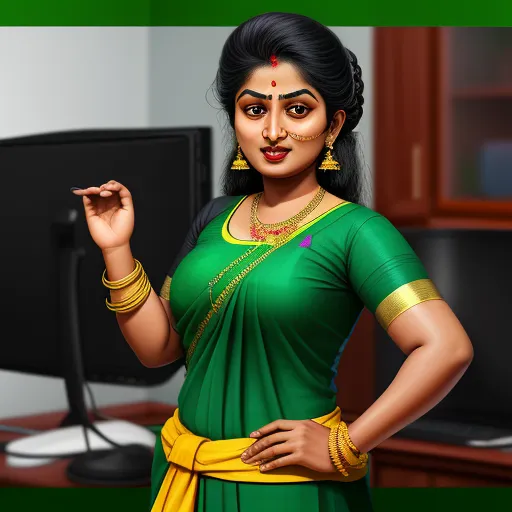 a woman in a green sari holding a cigarette in her hand and a computer monitor in the background, by Raja Ravi Varma