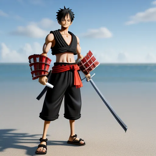 a cartoon character holding a sword and a bucket of food on a beach with a blue sky in the background, by Toei Animations