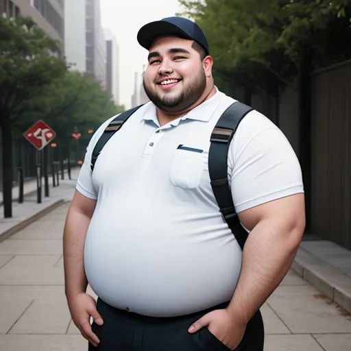 a man with a backpack on his back standing on a sidewalk in front of a building with a stop sign, by Fernando Botero