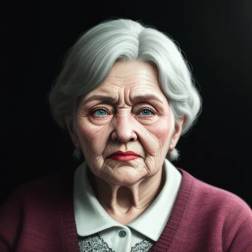 a painting of an elderly woman with blue eyes and a red sweater on, looking at the camera, with a black background, by Anton Semenov