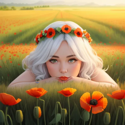ai text image generator - a woman laying in a field of flowers with a wreath on her head and a red nose ring on her head, by Daniela Uhlig