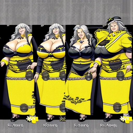 a group of women in yellow dresses standing next to each other in a row with their breasts down and their breasts down, by Eiichiro Oda