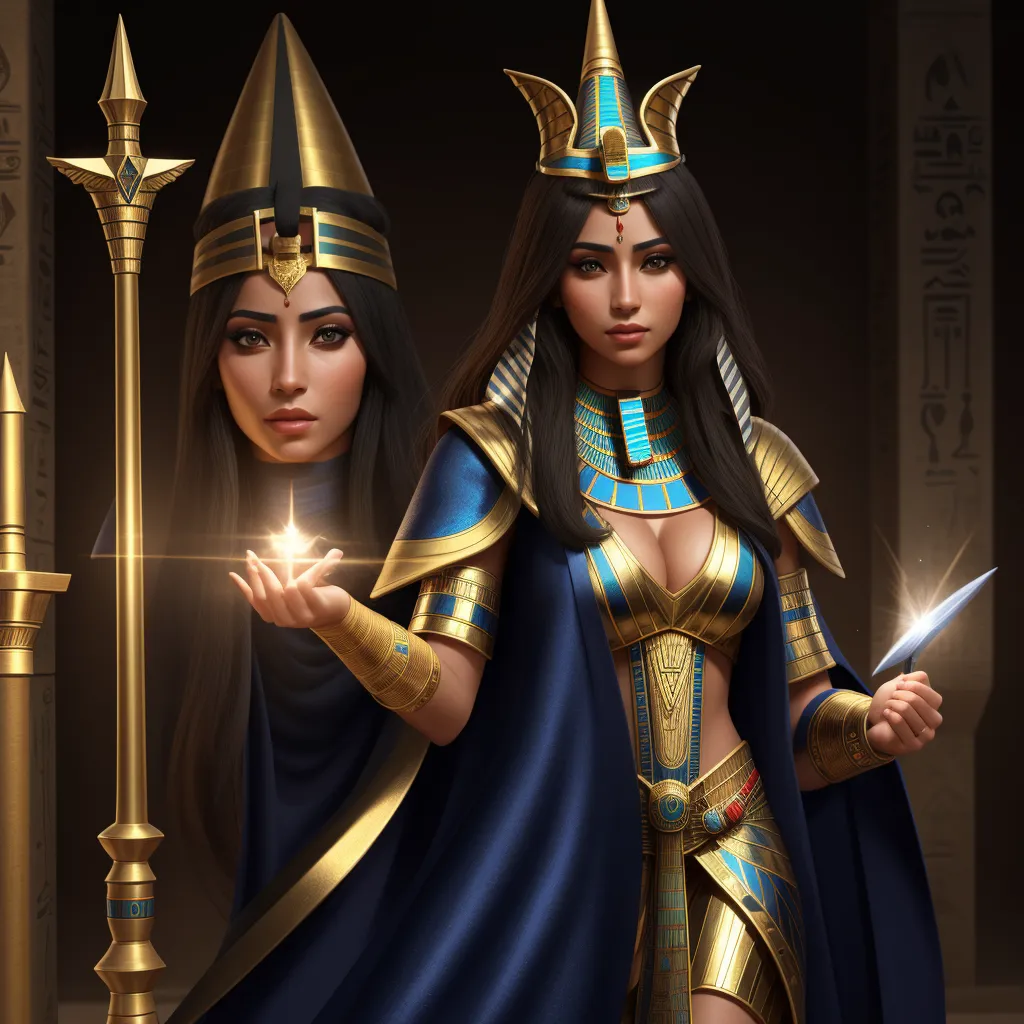 ai enhance image - a painting of two women dressed in egyptian costumes and holding a sword and a wand in their hands,, by Tom Bagshaw