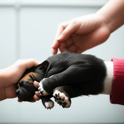 a person holding a small black and brown puppy in their hands with a person's hand holding it, by George Lambourn