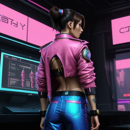 ai generated images free - a woman in a pink jacket and blue pants standing in front of a computer screen with a pink background, by Terada Katsuya