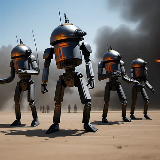 a group of robot standing next to each other on a field of dirt with smoke in the background and a sky filled with black clouds, by Andy Fairhurst