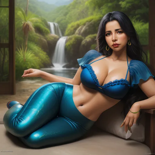 convert photo to 4k quality - a painting of a woman in a blue bikini laying on a bed with a waterfall in the background and a window, by Terada Katsuya