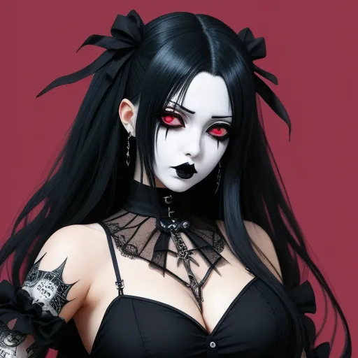 highest resolution image - a woman with black hair and red eyes wearing a black bra and black choker with laces and a black collar, by Terada Katsuya