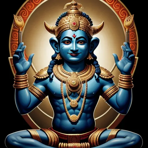 a blue statue of a hindu god with a golden crown on his head and hands in the air, with a golden circle around him, by Raja Ravi Varma