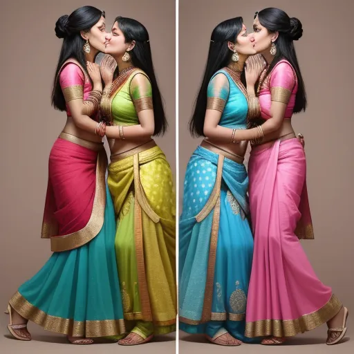 two women in colorful saris kissing each other with their hands on their cheeks and one woman in a blue and pink sari, by Raja Ravi Varma