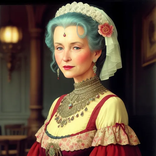 best free ai image generator - a woman with blue hair wearing a red dress and a white veil and a flower in her hair and a red dress, by Hariton Pushwagner