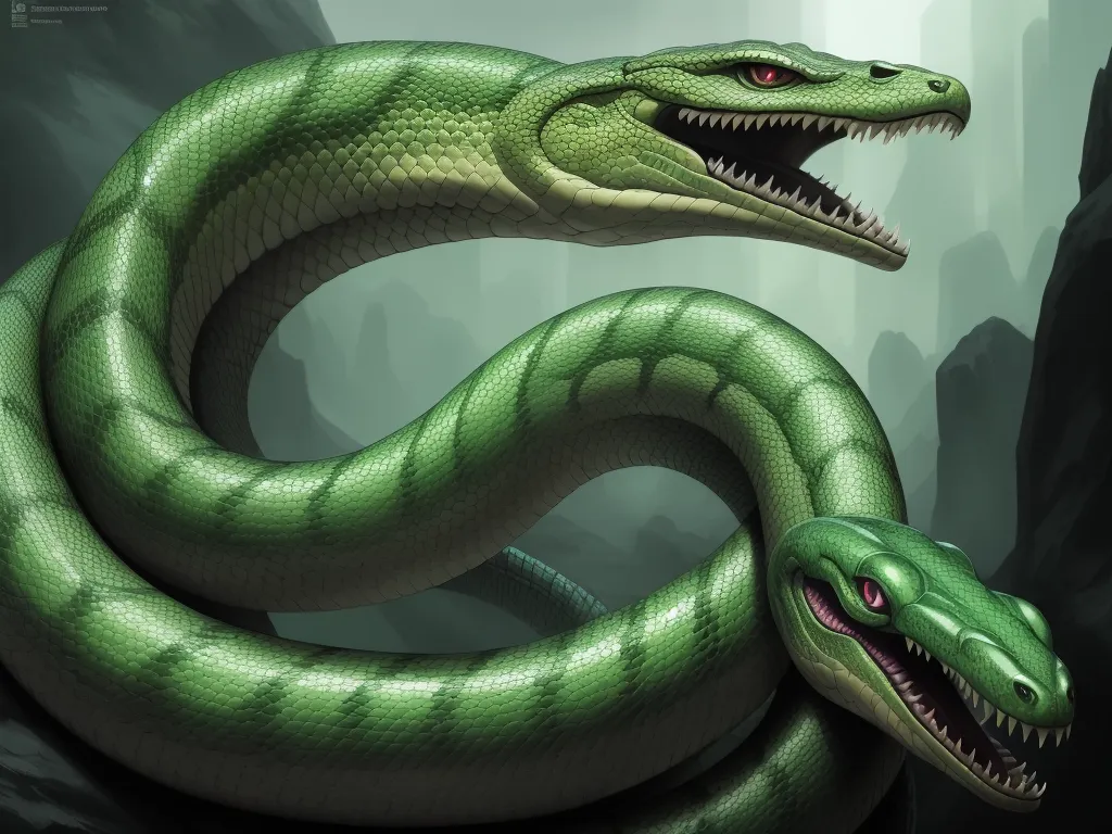 a green snake with its mouth open and its tongue out, with its mouth open and its tongue out, by Mary Anning