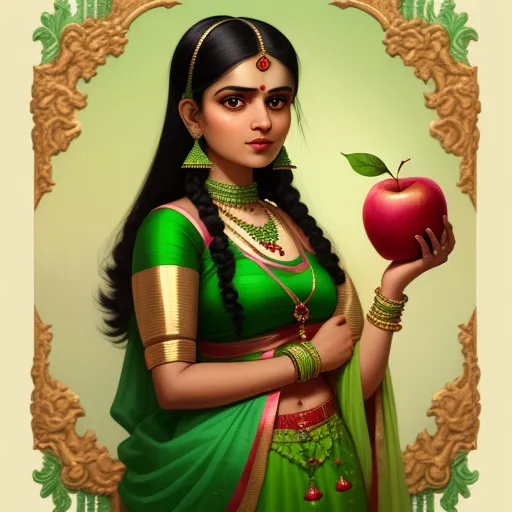 convert photo to high resolution - a woman in a green sari holding an apple in her hand and a green leaf in her hand, by Raja Ravi Varma