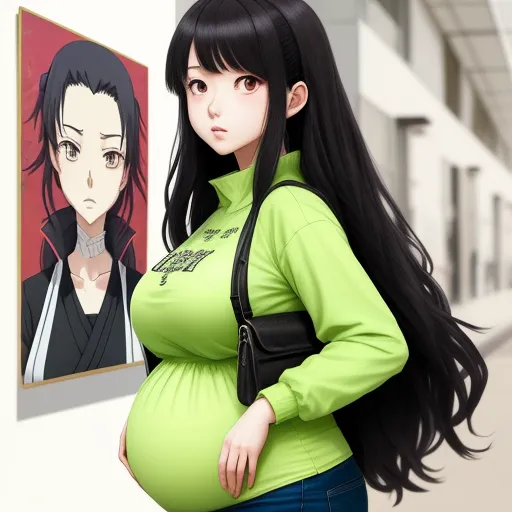 free high resolution images - a pregnant woman standing next to a painting of a woman with long black hair and a green shirt on, by Hirohiko Araki