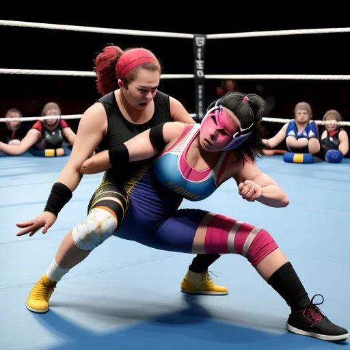 two women wrestling in a wrestling ring with other women watching from the sidelines behind them, with one woman in a wrestling ring with a pink and blue and, by Hendrik van Steenwijk I