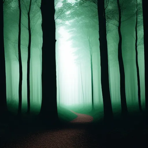 a path in the middle of a forest with a light coming through the trees on either side of the path, by Janek Sedlar