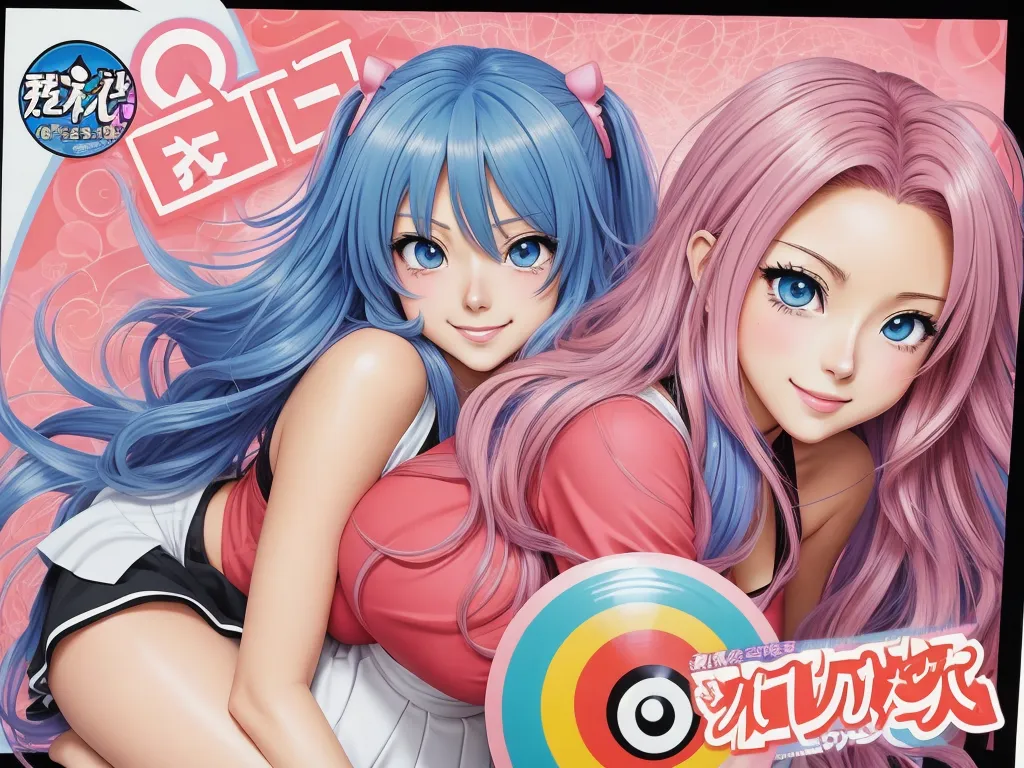 two anime girls with long hair and blue eyes are posing for a picture together with a pink background and a circular object, by Toei Animations