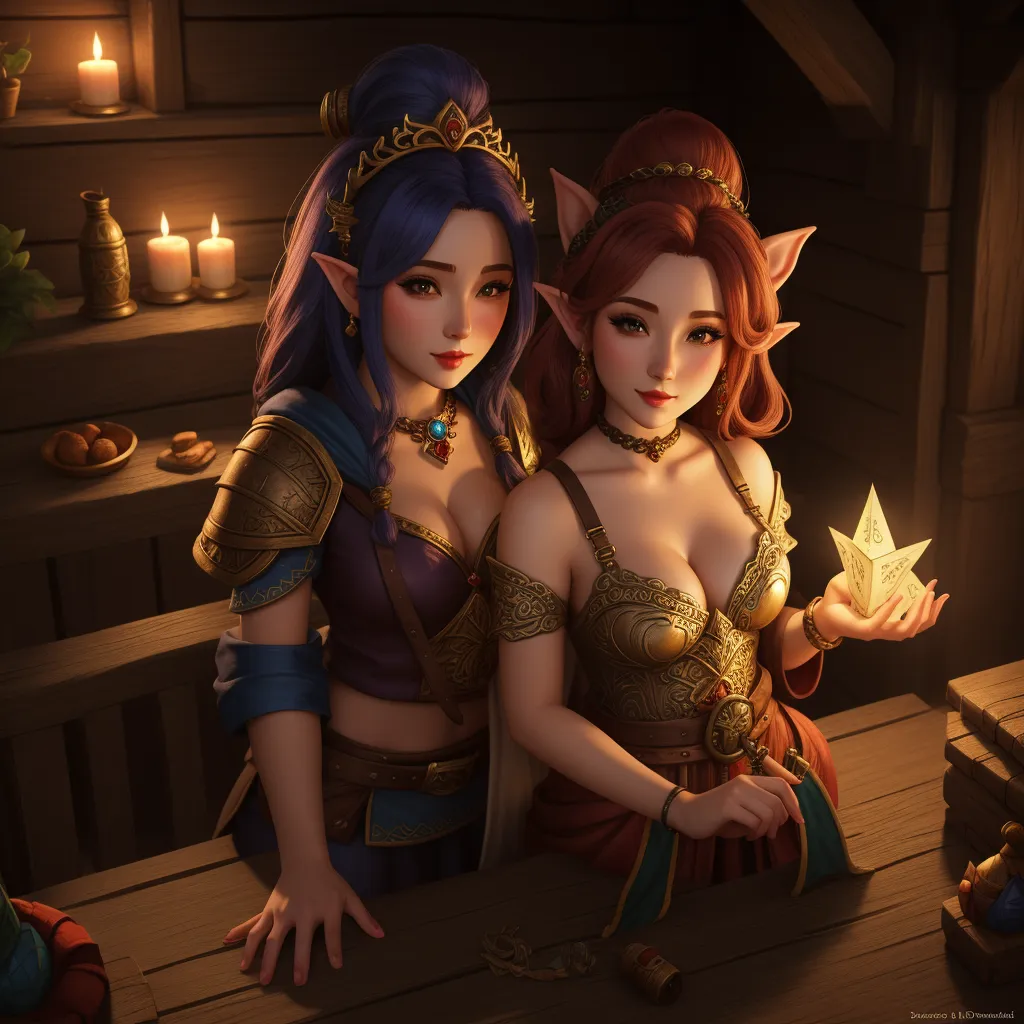 images high resolution - two women dressed in costumes standing next to each other in a room with candles and a star on the table, by Lois van Baarle