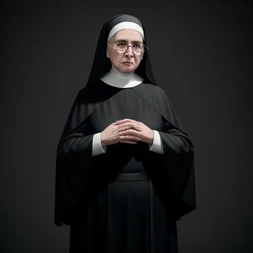 a nun in a black robe and glasses with her hands folded up in prayer position, on a black background, by Hiroshi Sugimoto