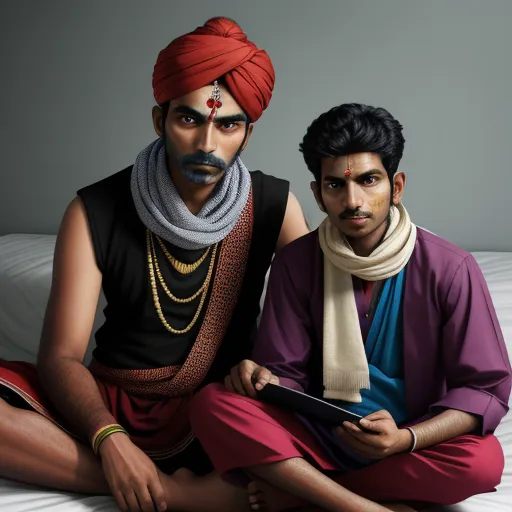 two men sitting on a bed with a scarf around their necks and a scarf around their neck, both wearing indian attire, by Kehinde Wiley