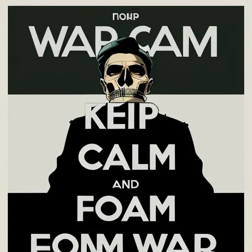 text-to-image ai generator - a poster with a skull on it that says warcam keep calm and foam war on it's face, by Ravi Zupa