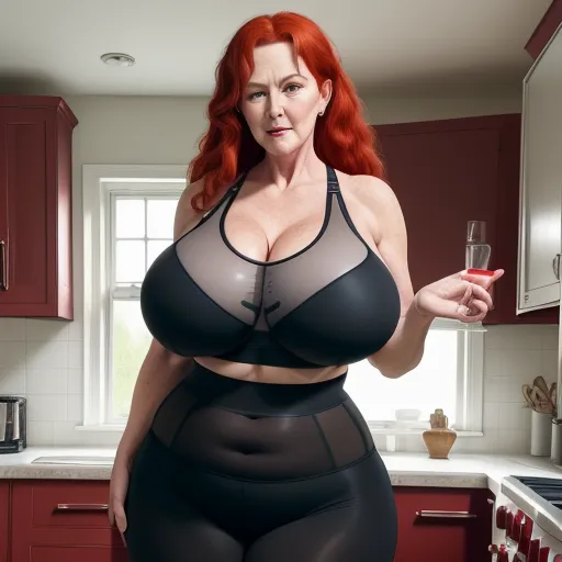 ai image generator online - a woman in a black bra top and black panties holding a glass of wine in a kitchen with red cabinets, by Terada Katsuya