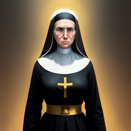 a woman in a nun costume with a cross on her chest and a black dress with gold trim and a gold cross on her chest, by Kent Monkman