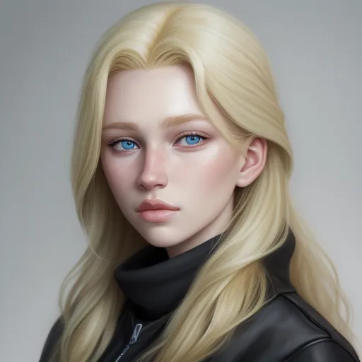 ai text to picture generator - a digital painting of a blonde woman with blue eyes and a black jacket on her shoulders and a black scarf around her neck, by Daniela Uhlig
