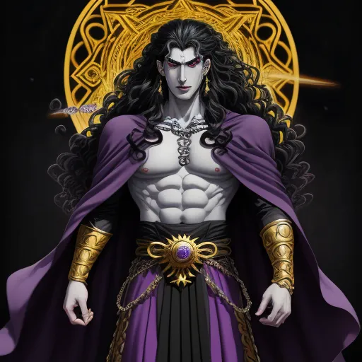 ai text to picture generator - a man dressed in a purple and black outfit with a sword in his hand and a gold ring around his neck, by Baiōken Eishun