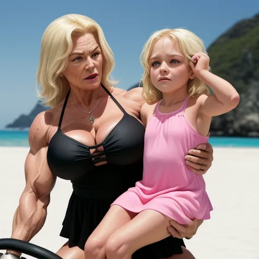 a woman and a little girl are posing for a picture on the beach with a bodybuilding figure in the background, by David LaChapelle