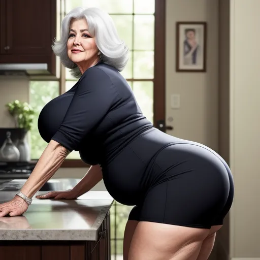 a woman in a short skirt leaning over a counter top in a kitchen with a window behind her and a potted plant on the counter, by Billie Waters