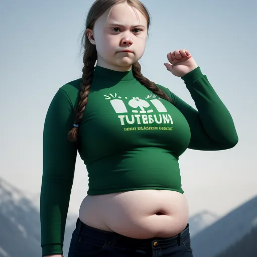 a woman with a braid standing in front of a mountain range wearing a green shirt with nububutut on it, by Hervé Guibert