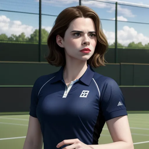 a woman in a blue shirt is holding a tennis racket on a court with a fence in the background, by Phil Noto