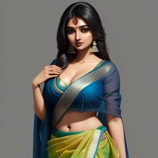 word to image generator ai - a woman in a blue and yellow sari with a green blouse and gold jewelry on her chest and a black hair, by Raja Ravi Varma