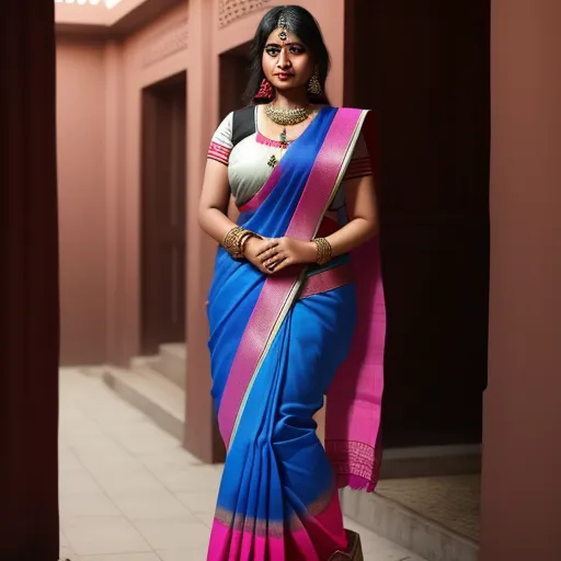 best ai image app - a woman in a blue and pink sari standing in a hallway with a pink wall behind her and a pink wall behind her, by Raja Ravi Varma