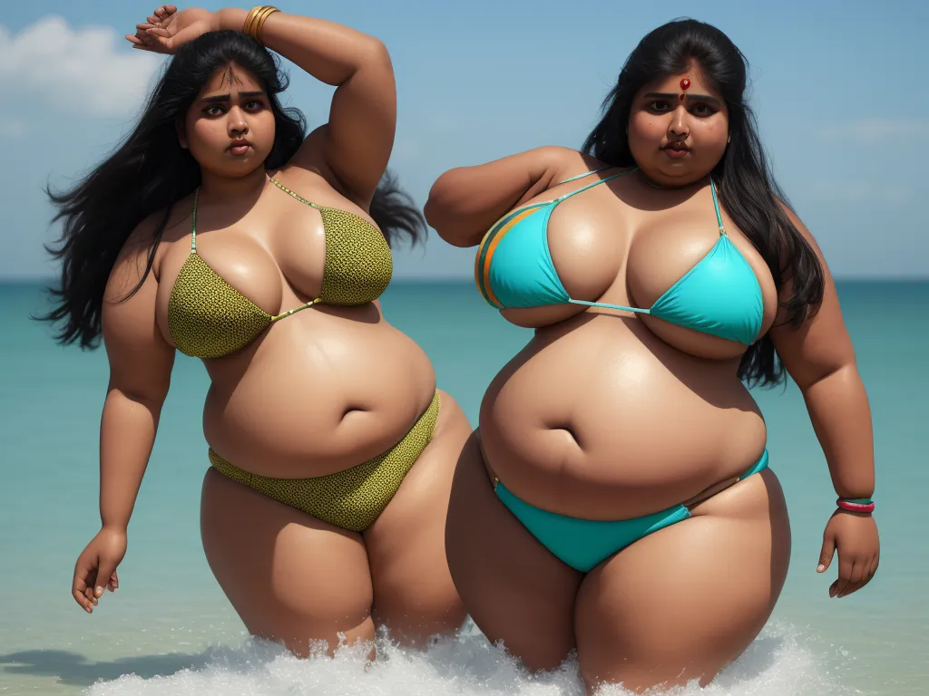 free ai photo - two women in bikinis standing in the water at the beach, one of them is fat and the other is fat, by Hendrik van Steenwijk I