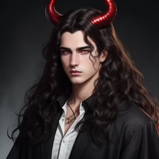 ai created images - a man with long hair and a horned head with horns on his head is wearing a black jacket and a white shirt, by Lois van Baarle